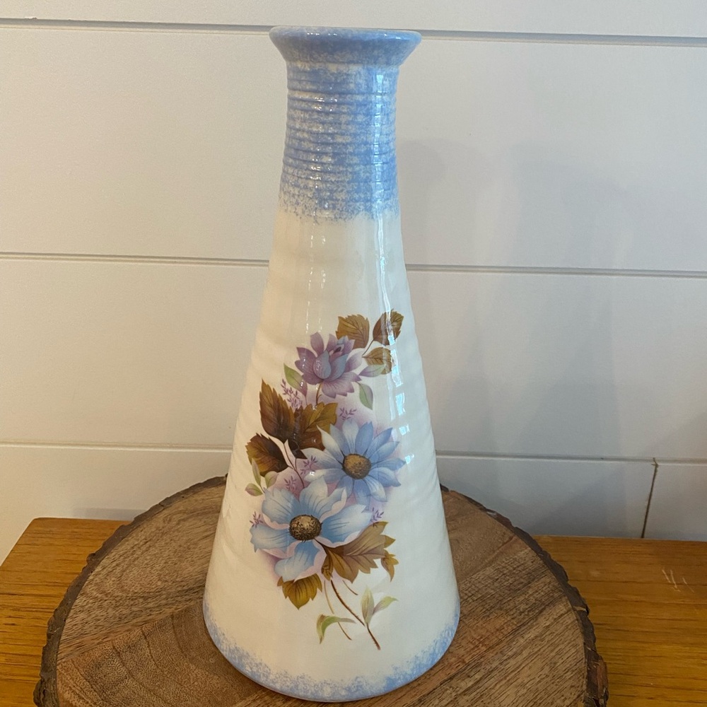 Vintage Handcrafted Grannycore Floral Pottery Flared Vase Hand Painted Stoneware